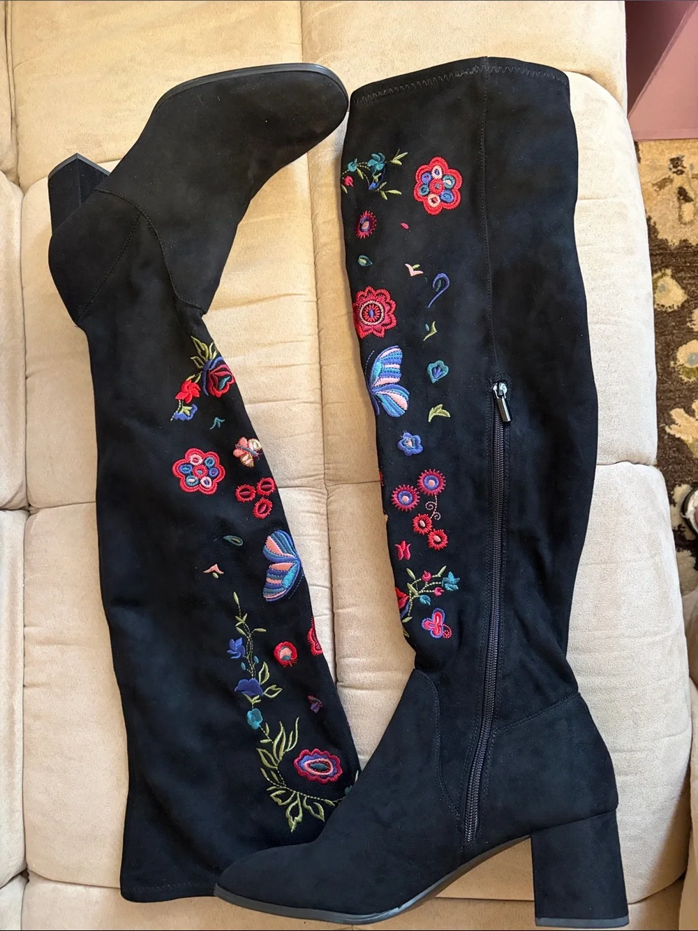 Impo Strech Black Embroidered Knee-High Boots with Block Heel size  9.5